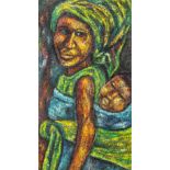 21st Century African School "African Woman Carrying Child, in typical attire," O.O.C., approx. 70cms