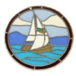 In the Manner of Markey Robinson, Irish (1918-1999) 'Sailing Boat,' stained glass window, circular