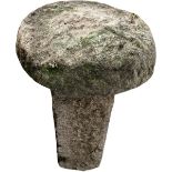 A carved granite Staddle Stone, the circular top on a shaped square plinth, 89cms h x 48cms d (35" x