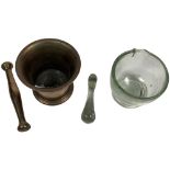 A large English stoneware acid proof Mortar, with two large pestles, 30cms (12"), a smaller bronze