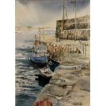 Margaret Watson, Irish XX-XXI "Naomh Padraic," watercolour, Port Scene with boat in Harbour, approx.