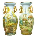 A very large pair of late 19th Century ceramic Vases, decorated in the Abruzzo manner, one with