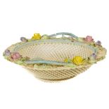 A very good decorated flower encrusted Belleek Basket, with four strand woven base and two Signed