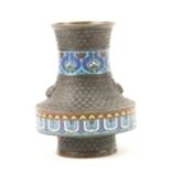 A small Japanese bronze and enamel Vase, with turquoise bands and two monkey masks on circular foot,