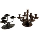 A 6 branch - 7 light Arts & Crafts copper Candelabrum, 24cms (9 1/2"); and another twisted steel