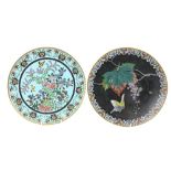 Two Japanese Meiji period cloisonné enamel and bronze Platters, decorated with vine and butterfly,
