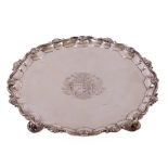A fine George II silver crested Salver, with central engraved armorial inside a shell, scroll and