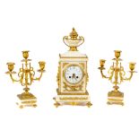 A very attractive 19th Century French white marble and gilt brass Mantle Clock Garniture, the