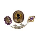An attractive gold 19th Century silhouette Brooch, with beaded border set with semi precious