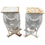 An unusual pair of heavy cast iron Planter Stands, each with a rectangular top, the all around