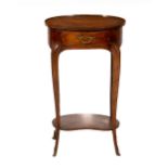 A two tier French marquetry and parquetry pedestal Table, the oval trellis top with rows of flower