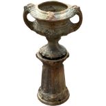 A very good Art Nouveau terracotta Garden Urn and Stand, moulded with fruit and with two fruit