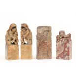 A pair of 19th Century Chinese Soapstone Figures, each modelled as a Foo Lion with cub on square