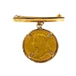 A Victorian gold Sovereign Brooch Pendant, 1899, on gold bar, 11.5 grms, overall. (1)