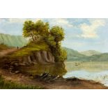 W. Park, 19th Century "Extensive Lake Scene with Figure above," O.O.C., Signed  L.L. & dated 1880,