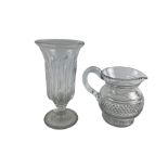 A cutglass Water Jug, with hobnail cut band and ear shaped handle, and a stemmed glass Celery