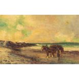 Tomson Laing, British (fl. 1890-1904) "Gathering Seaweed," Coastal Scene with Fisherman, Horse and