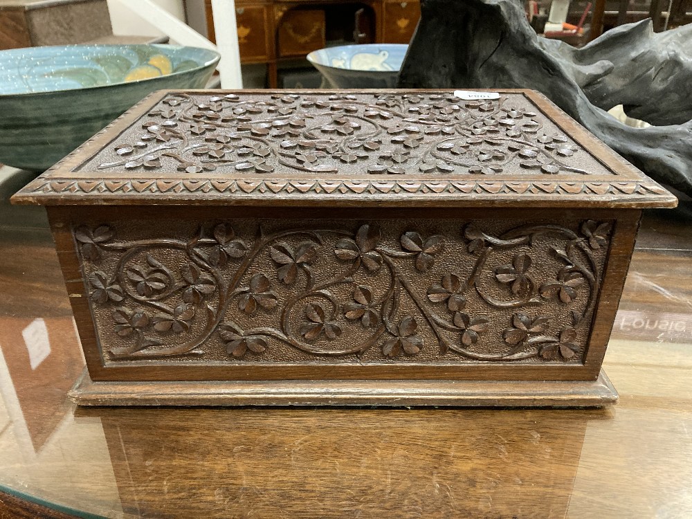 A fine carved Irish mahogany Box, by "The Kilkenny Woodworkers," with fragment of label, the - Image 6 of 8