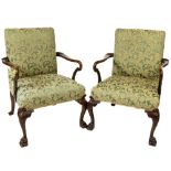 A fine quality pair of Gainsborough type mahogany Armchairs, in the George III style, covered in