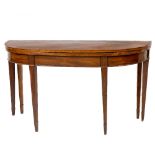 A 19th Century mahogany demi-lune fold-over Dining Table, with wide plain frieze on six square