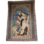 A fine quality hand knotted Persian Esfhan Pictorial Rug, in silk and wool, depicting two females in