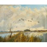 Robert Jobson, Irish (XX - XXI) "Ducks in Flight over Lake," O.O.C., approx. 60cms x 75cms (24" x 29