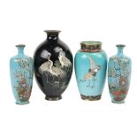 A Japanese turquoise ground Vase, Meiji period, decorated with cranes, 13cms (5 1/4"), a similar