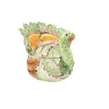 A large Italian Majolica style Soup Tureen, in the form of a turkey, moulded with lettuce leaves and