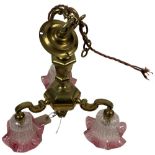 A heavy brass three branch Ceiling Light, with three stage hexagonal stem and three S scroll arms