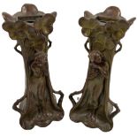 A good pair of Art Nouveau figural Vases, each of rustic form, inset with a standing woman in