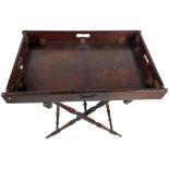 A rectangular mahogany Butlers Tray, late 19th Century, with four saw cut handles and four drop