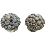 An unusual pair of composition stone Pillar Caps, in the form of a basket of fruit, 33cms (13"). (2)