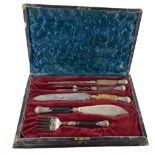 A five piece Victorian silver mounted Carving Set, all with stag horn handles, comprising a fish