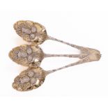 A good set of 3 shaped and embossed silver gilt Berry Spoons, by Rich. Crossley, 1796, 25cms (8 3/