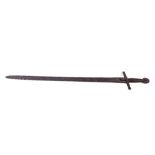 A good Medieval style steel Broad Sword, with cruciform hilt with wire grip and circular pommel, the