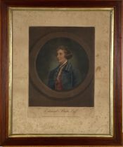 After Sir J. Reynolds A coloured mezzotint "Edmund Burke Esq.," and three other Etchings and