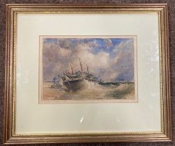 19th Century English School "Ship in a Stormy Sea Aground," watercolour, Unsigned, 17cms x 25cms (
