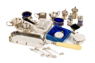 A collection of miscellaneous silver Condiments, comprising three salts with blue lines, four