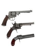 Militaria: A replica Pepper Shaker Percussion Hand Gun, and two Replica American style six shooters,
