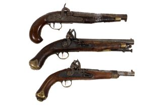 Militaria: A 19th Century flintlock Pistol, with brass mounts and attached ram-rod, stamp with
