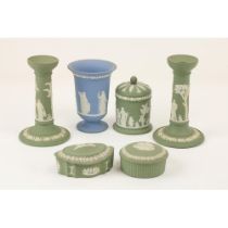 A collection of Wedgwood green and white Jasperware, comprising pair of Candlesticks, 16.5cms (6 1/