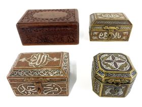 An Islamic brass and silver overlaid Trinket Box or Casket, 10cms (4''); another similar 9cms (3 1/