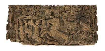 A very early European carved oak Panel, with Medieval Battle Scene, the centre with a rearing