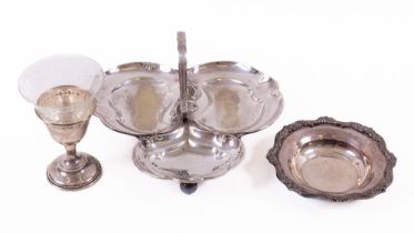 A tri-form silver plated Serving Dish, with handle and three ball feet; together with a plated