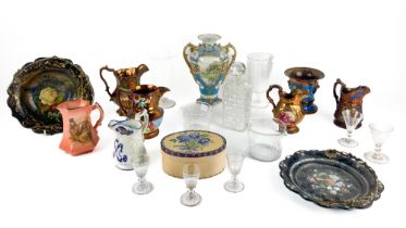 Three lustre Jugs, two lustre Bowls, a porcelain Vase, two similar Victorian papier mache Baskets,