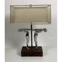 An attractive Art Deco Table Lamp, modelled with two silvered nude figures holding hands, 71cms (