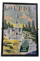 Advertisement: Aer Lingus - Irish Airlines - Lourdes, Travel Poster, depicting Church and Mountains,