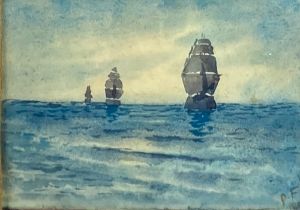 William Percy French, Irish (1854-1920) 'A Fleet of Three Mast Ships,' watercolours, Seascape with