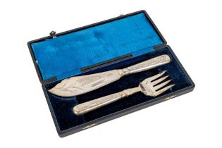 An attractive cased set of Chinese Export engraved and decorated silver Fish Servers, each with