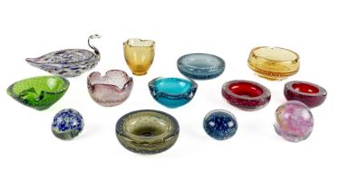 A good collection of colourful Art Glass, comprising ash trays, bowls, paperweights, etc., approx.